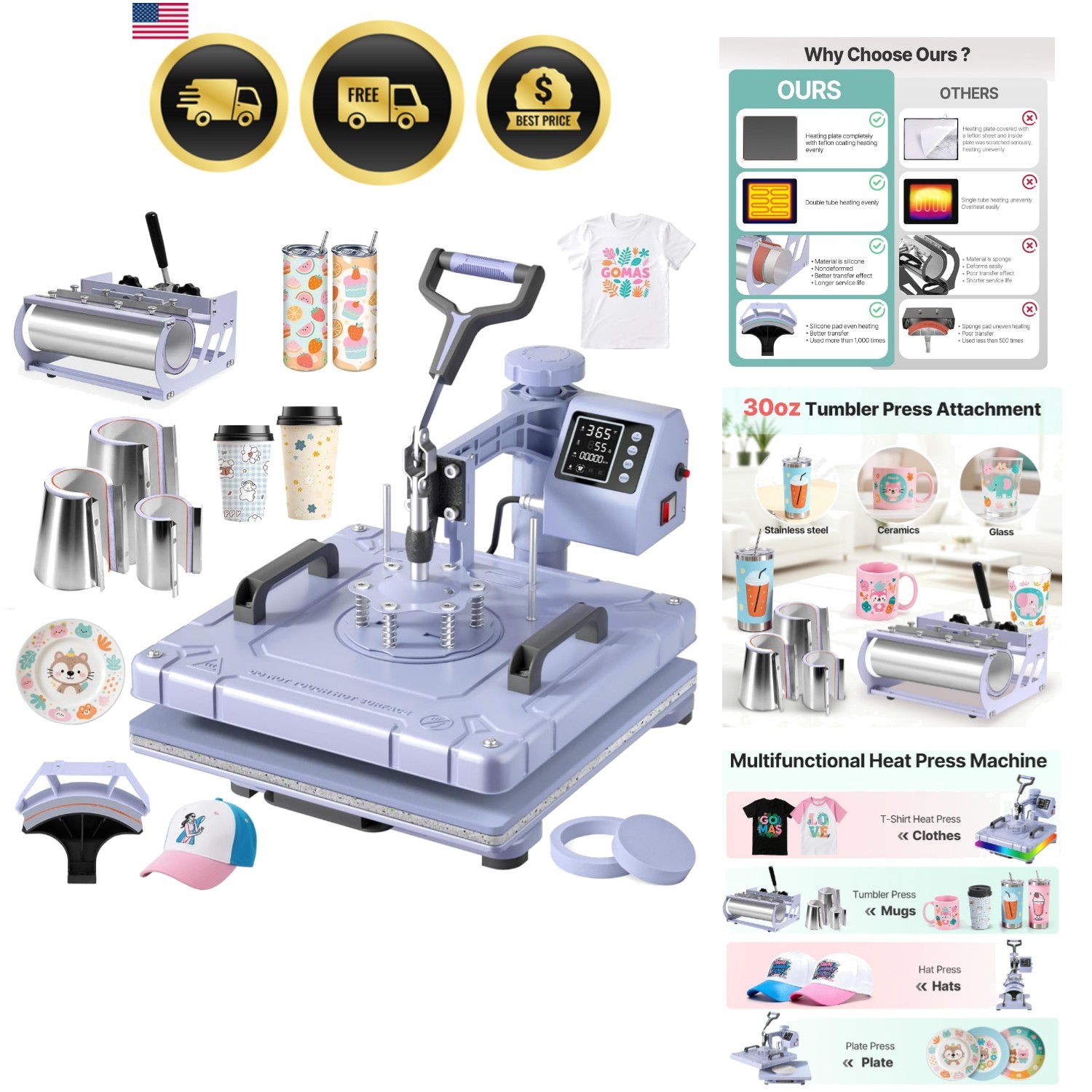 8 in 1 Heat Press Machine 15x15 inch 360-Degree Swing Away Digital T Shirt Pr...