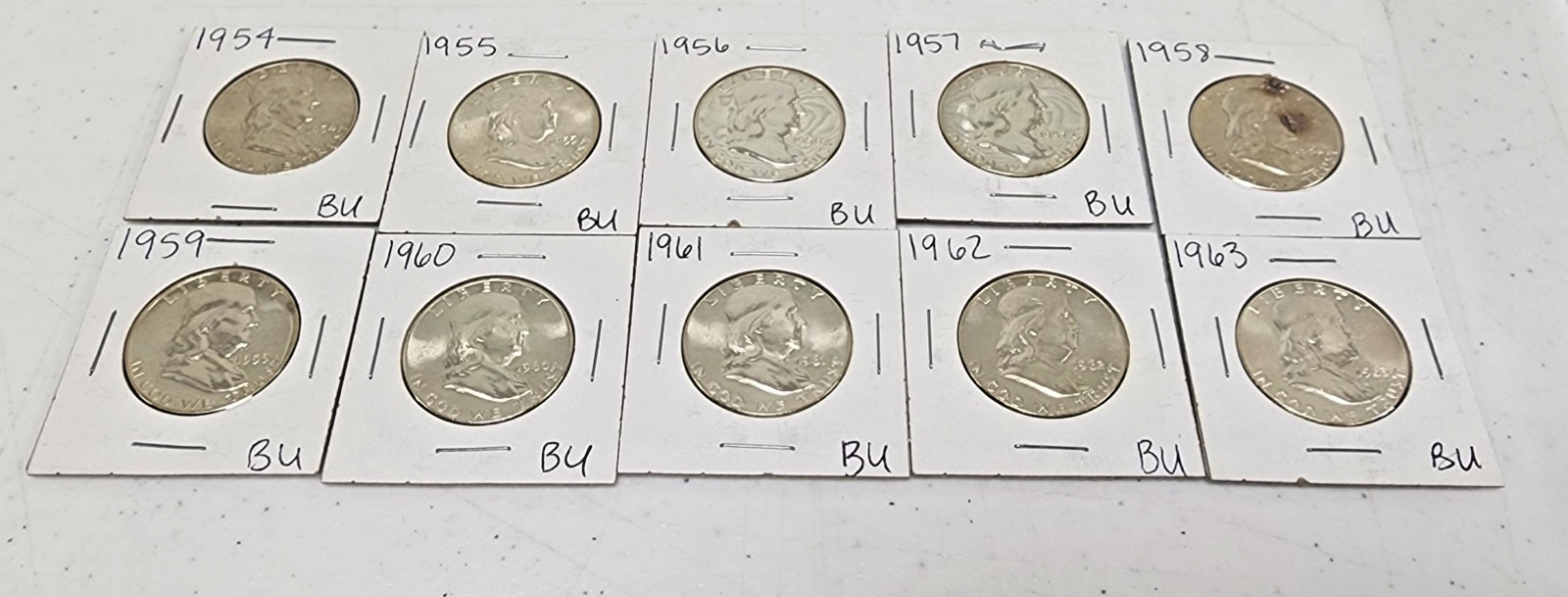 1954-1963 Franklin Half Dollar BU Uncirculated 90% Silver - LOT OF 10 Coins