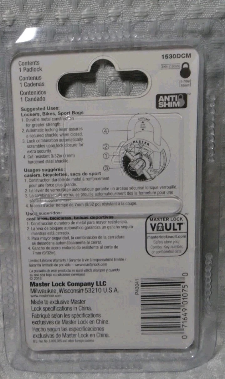 MASTER LOCK Combination Padlock, Anti-Shim, Auto Scramble • 1530DCM