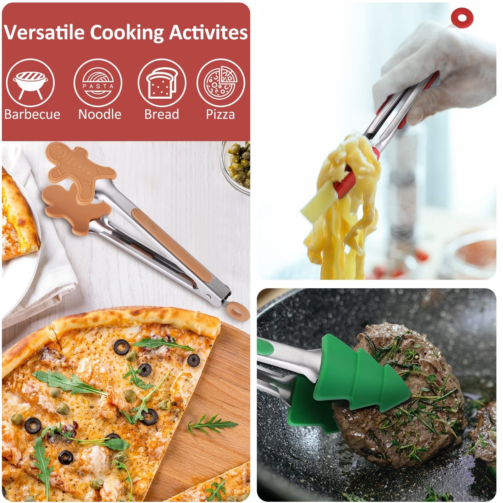 3-Piece Christmas Silicone Mini Tongs Set, 7-Inch Small Style Tongs for Cooki...