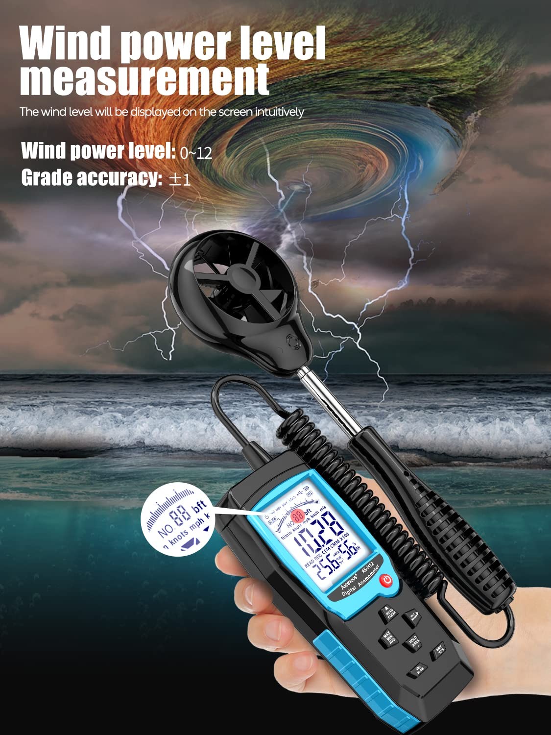 H12 Digital Anemometer Handheld Wind Speed Meter with Extended Wind Sensor, M...
