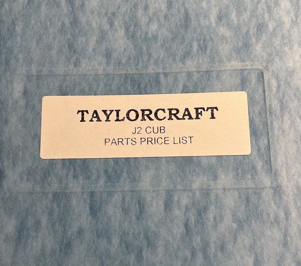 Taylorcraft Model J2 CUB Parts Price List Manual, Older Copy