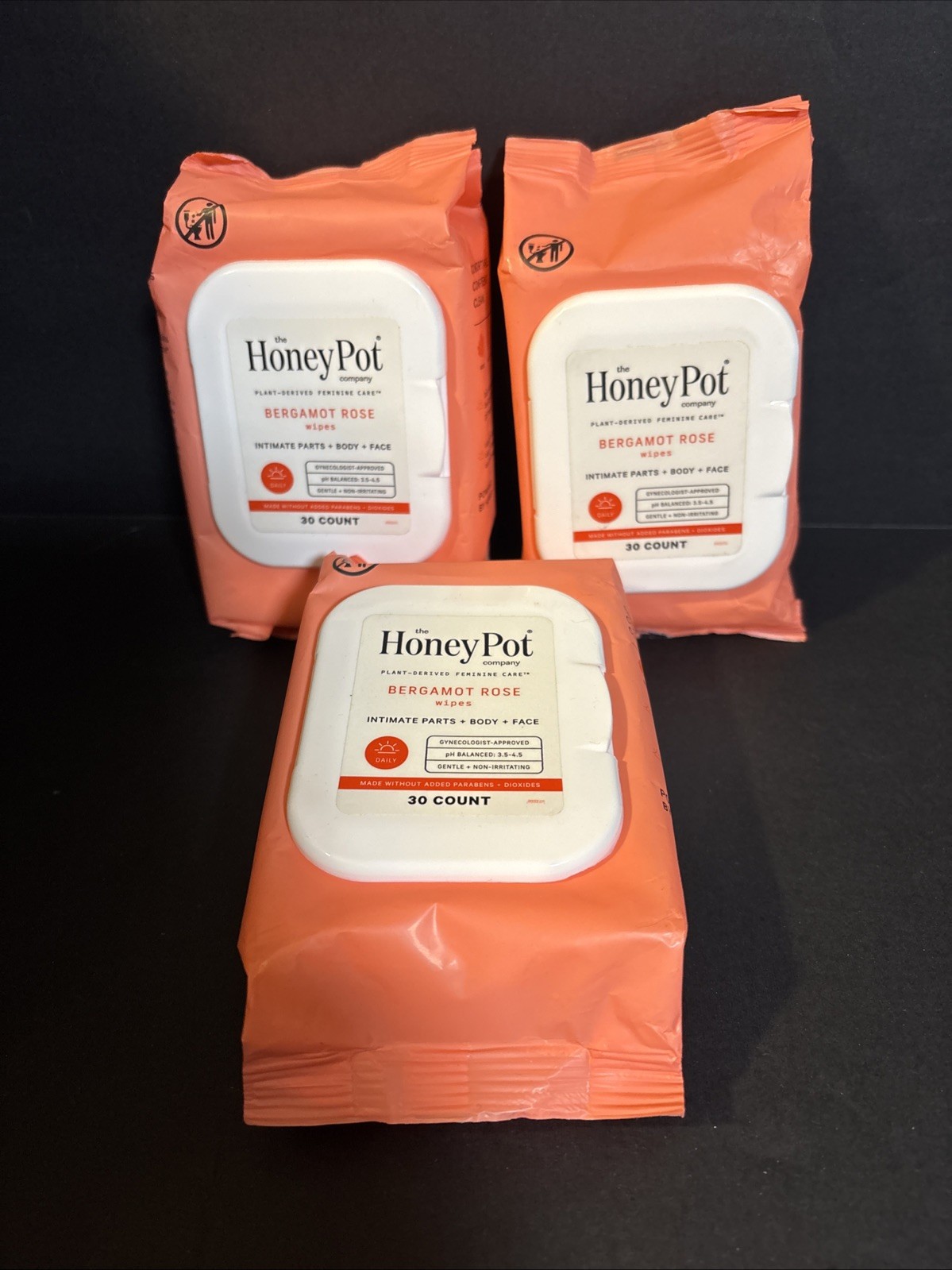 Lot Of 3~The. Honey Pot Co~Bergamot Rose Wipes For Intimate Parts~Body~Face