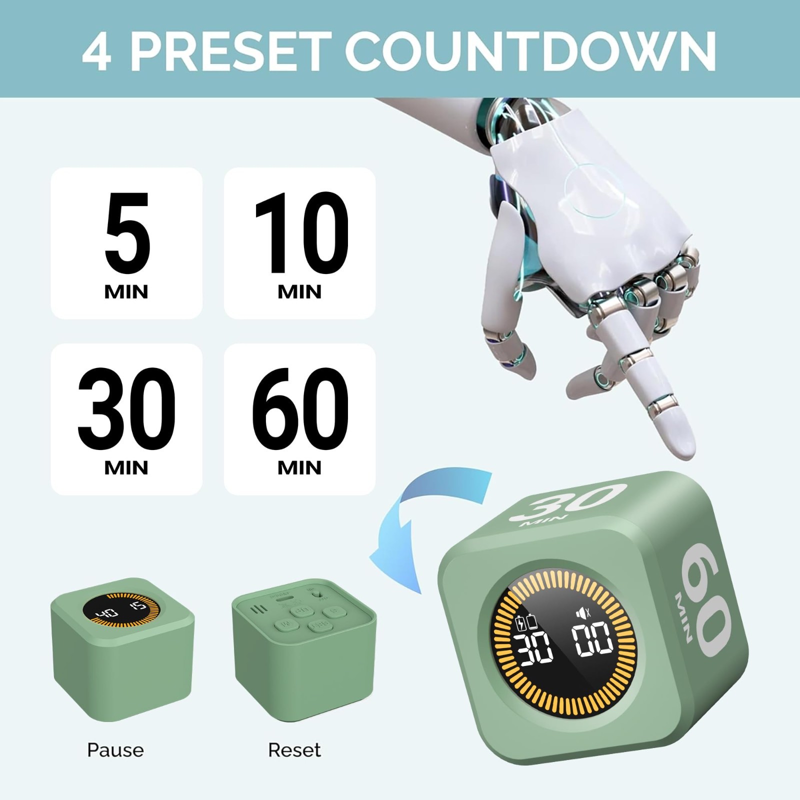 Visual Cube Pomodoro Timer - LED Countdown, Silent Flip, 5/10/30/60 Min Presets
