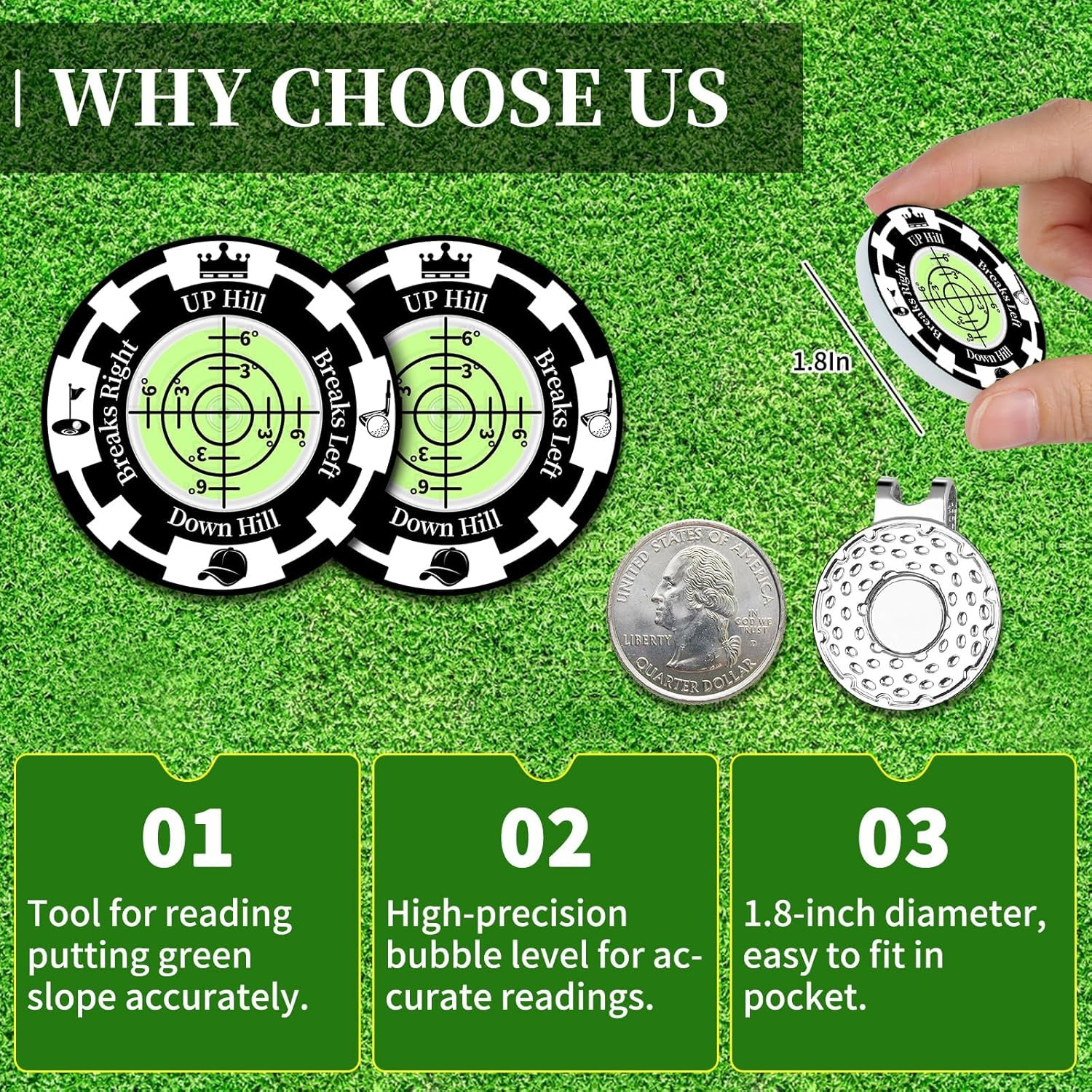 Golf Green Reader, 2 Pack Golf Ball Marker Hat Clip with High Precision Horizont