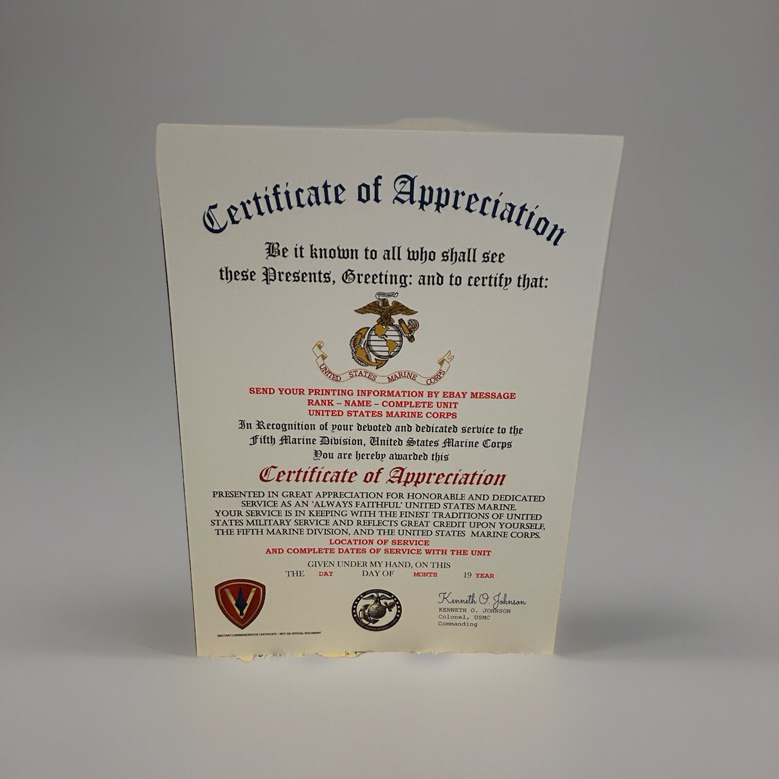 U.S. MARINE CORPS / 5TH MARINE DIVISION - CERTIFICATE OF APPRECIATION
