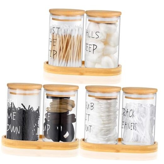 Tessco 6 Pcs Cotton Ball Holder Apothecary Jars with Lids Glass 3 Pcs Bamboo