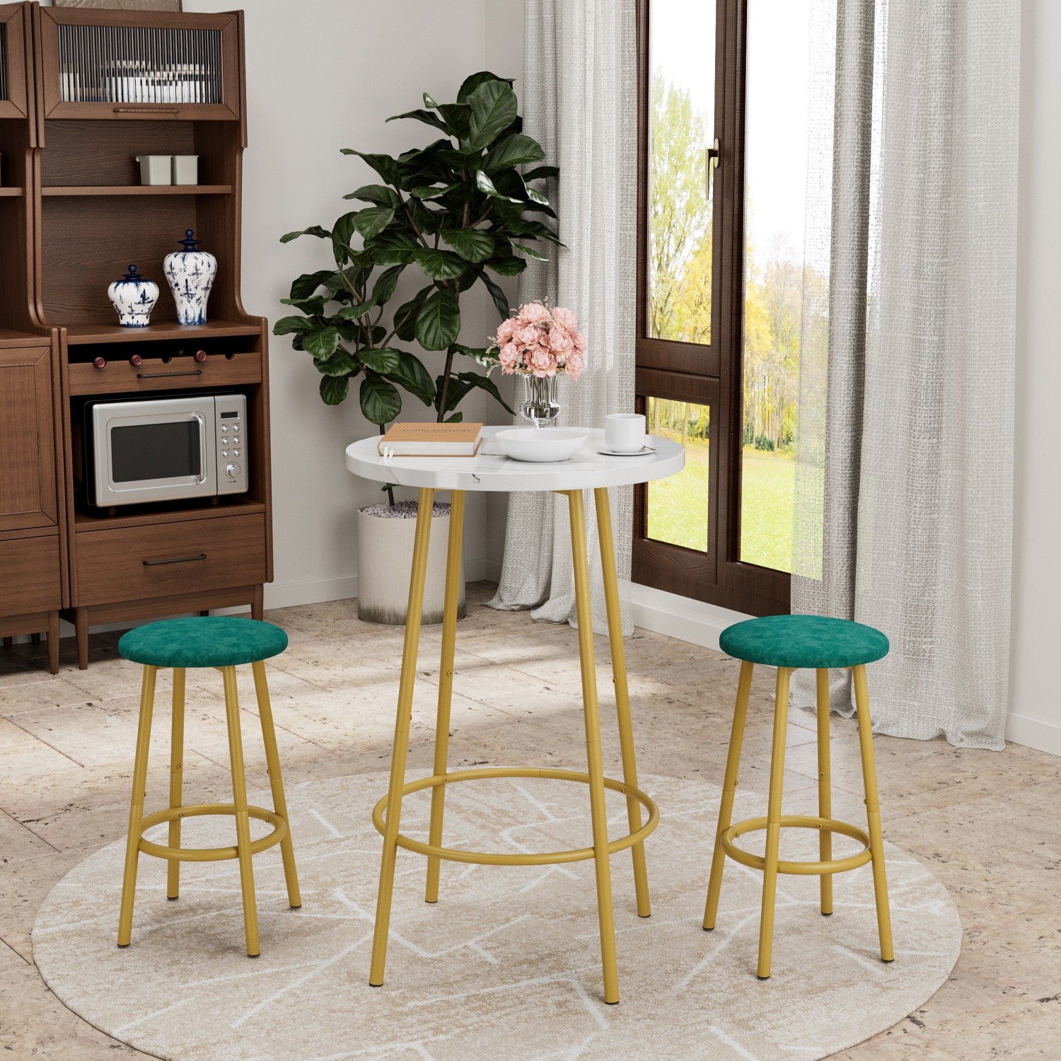 Modern 3 Piece Bar Table Set with 2 Bar Stools & Metal Frame for Small Spaces