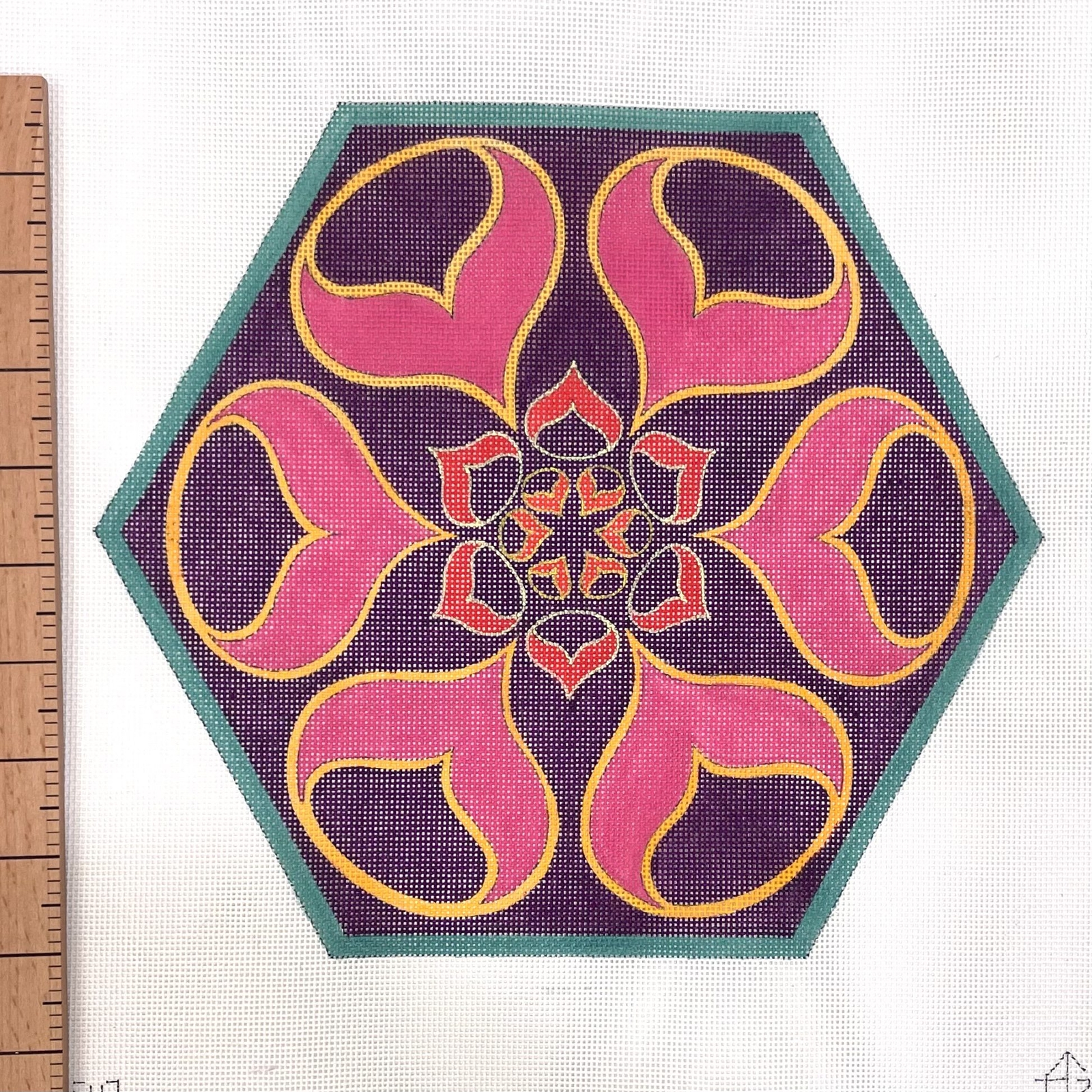 Zecca hand painted needlepoint canvas 18 petals 9 x 9 18 count optic 1960's