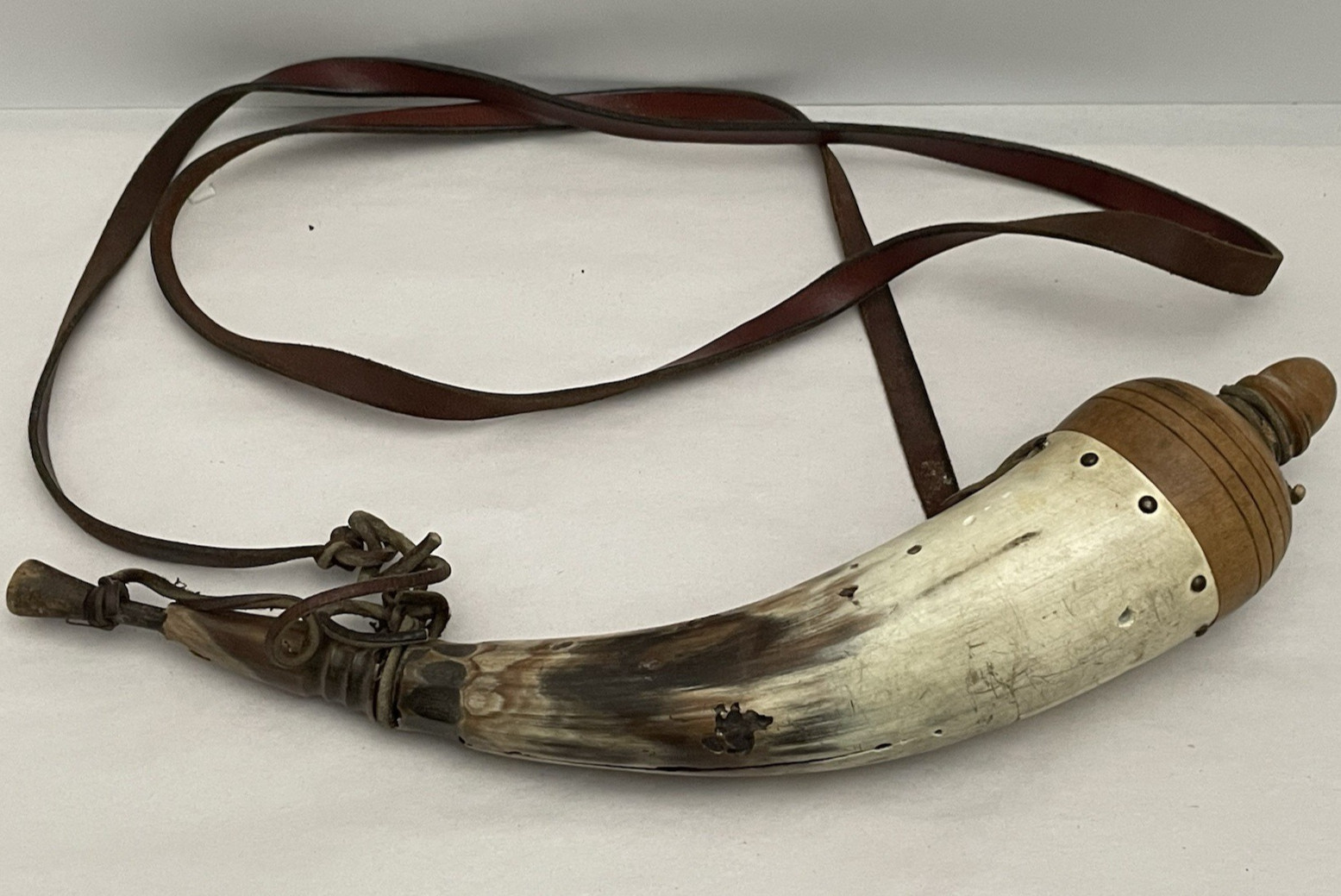 Antique Black Powder Horn Muzzleloader with Wooden Cap/Trim ~ Leather Strap