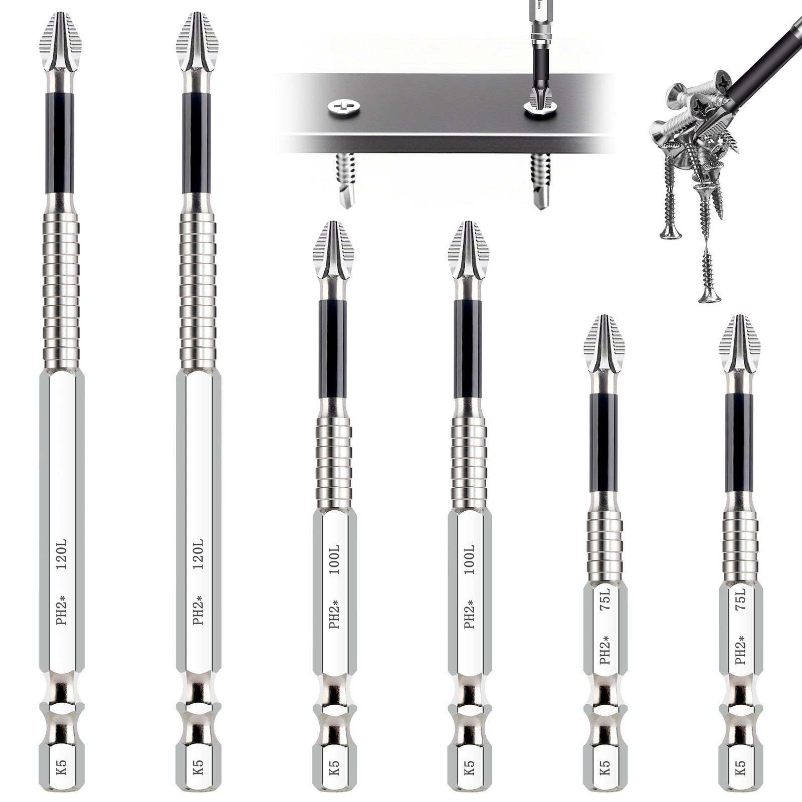 High Magnetic Screwdriver Drill Bit Set, Anti-Slip 70+100+120mm, Silver