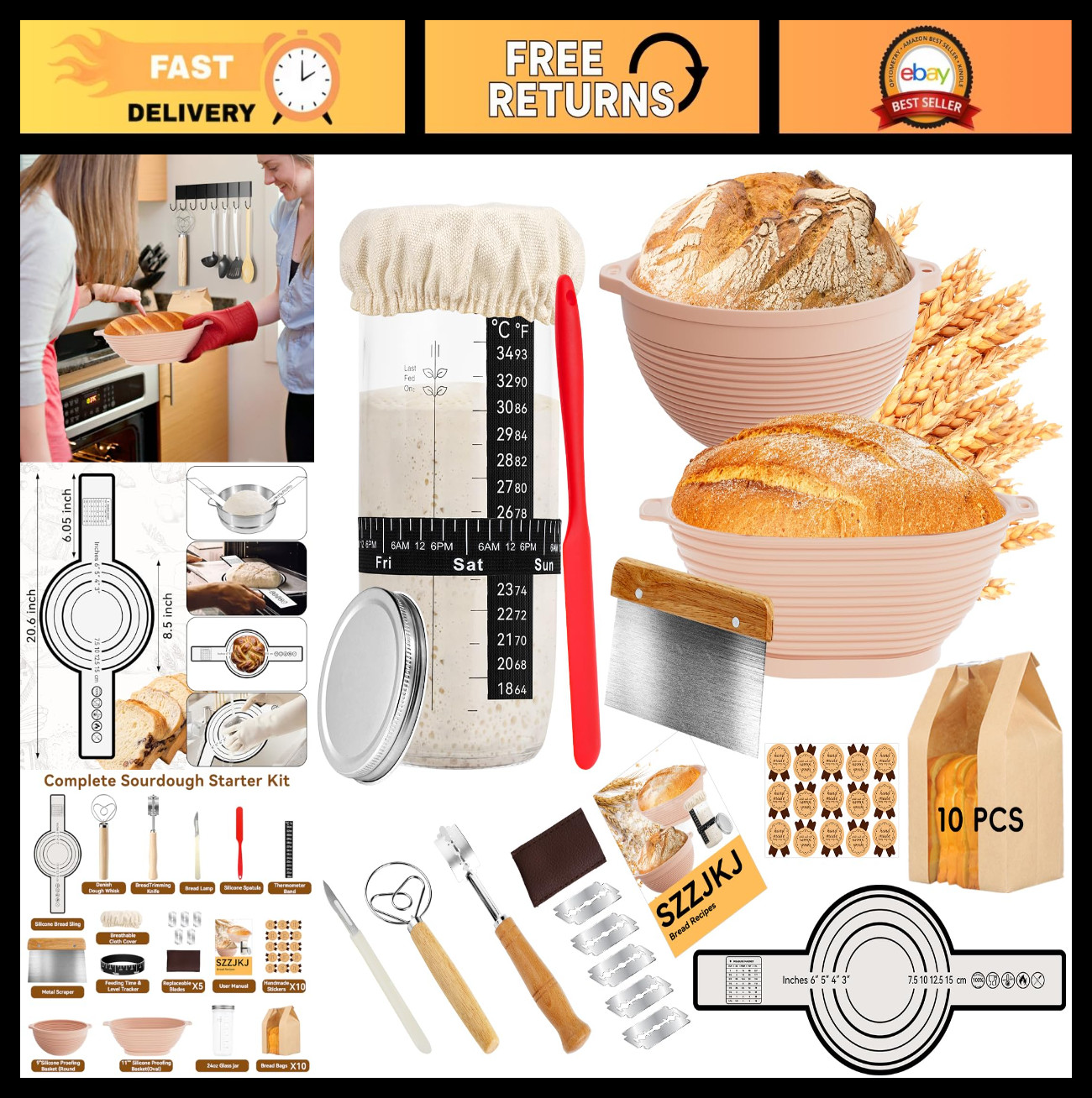 Sourdough Starter Kit - 24PCS Baking Supplies, Banneton Baskets, Bread Tools & M