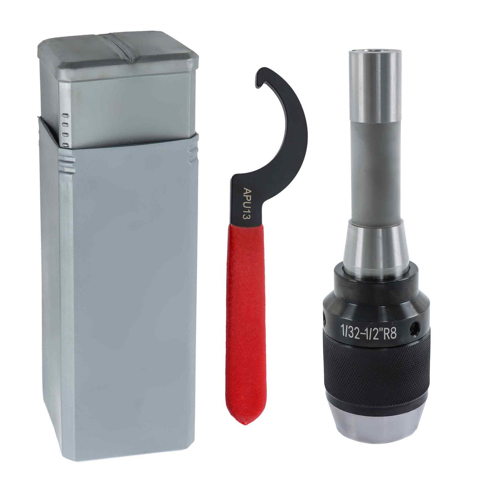 High Precision 1/32" -1/2" Drill Chuck w/ R8 Integral Shank+APU13 Wrench Keyless
