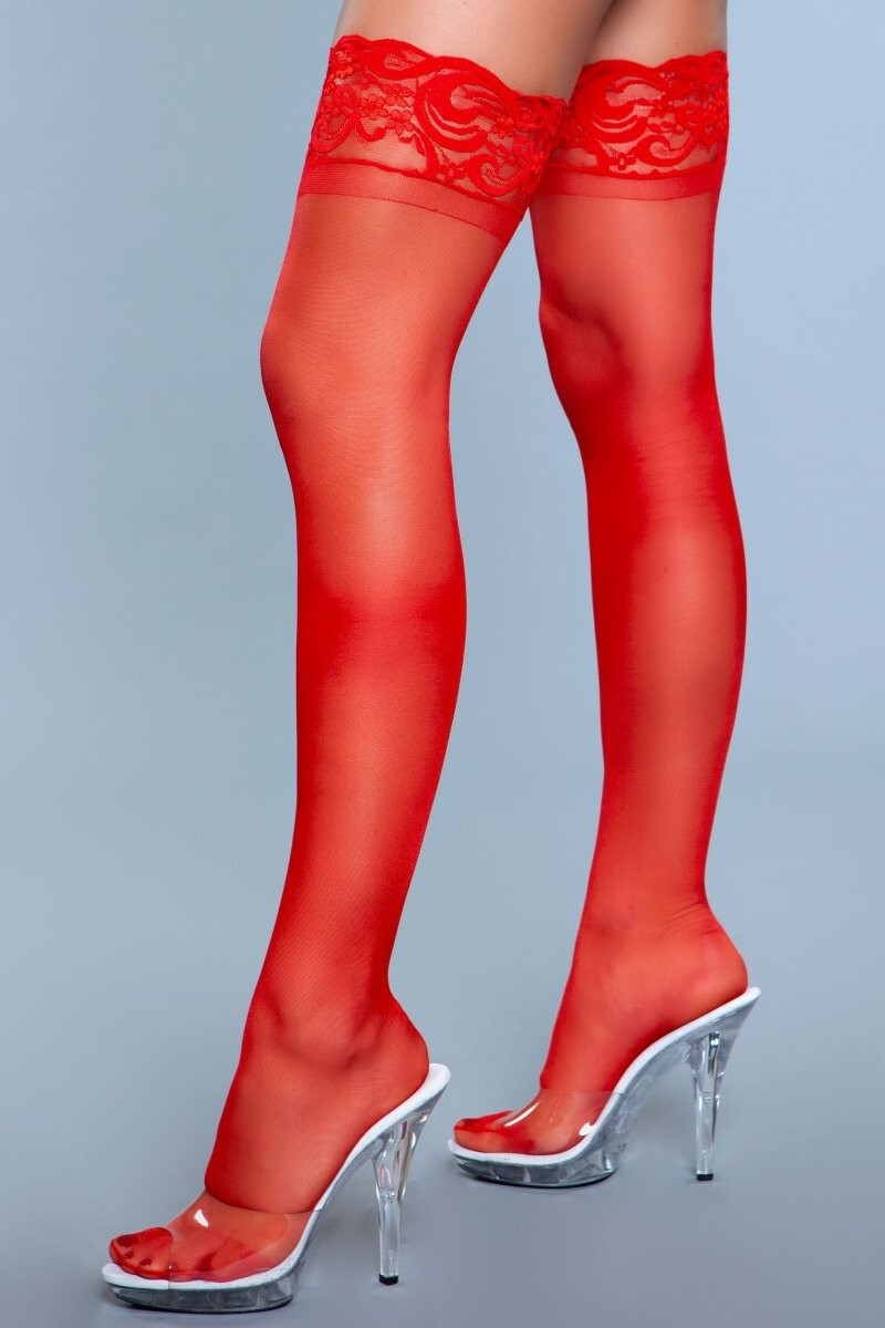 BeWicked Lace Over It Stay Up Spandex Sheer Thigh Highs Silicone Lace Top, Red