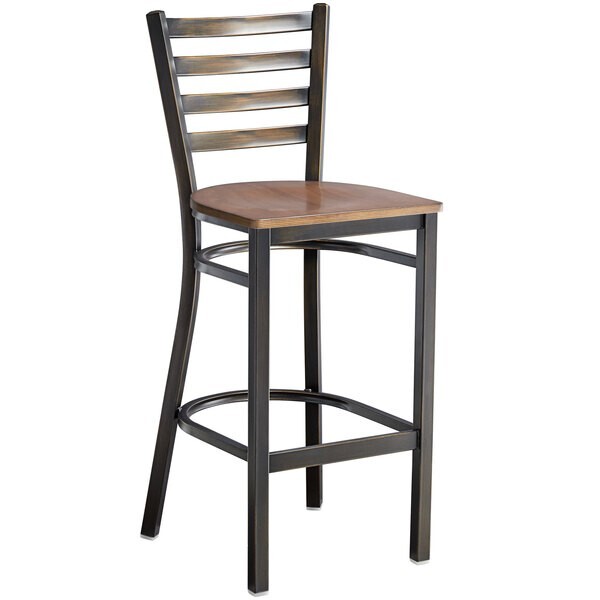Distressed Copper Ladder Back Metal Restaurant Barstool With Vintage Wood Seat