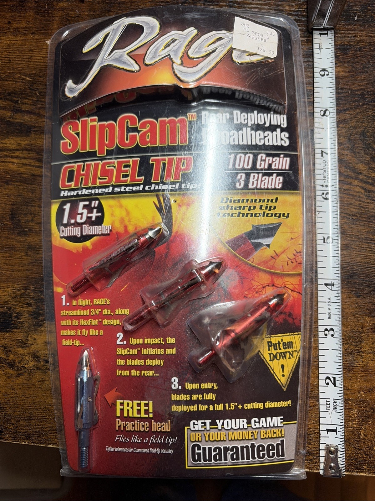 Rage Rear Deploying Broadheads-100 Grain-3blades-Slip Cam- Chisel Tip. 1.5 Dia.