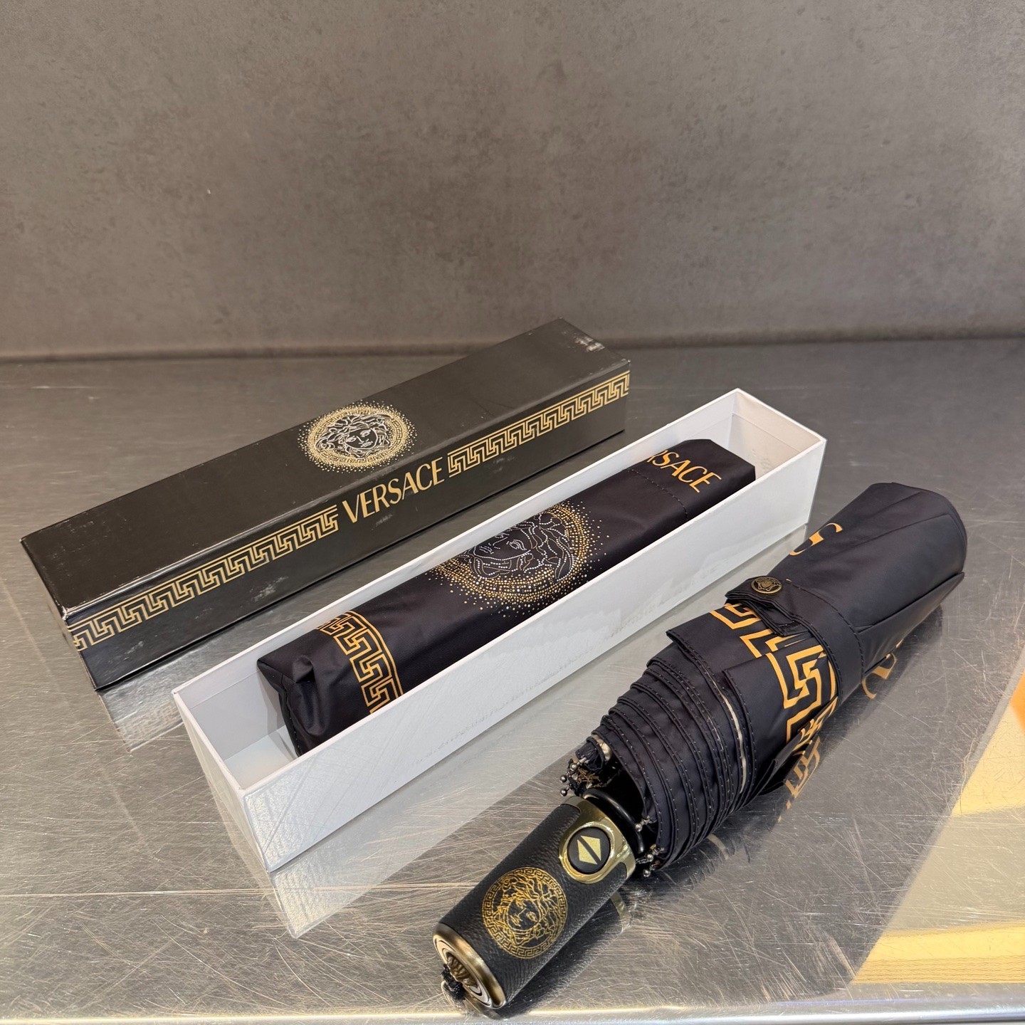 Versace Black Dot Medusa Umbrella Automatic 3-Fold Sun Rain Parasol
