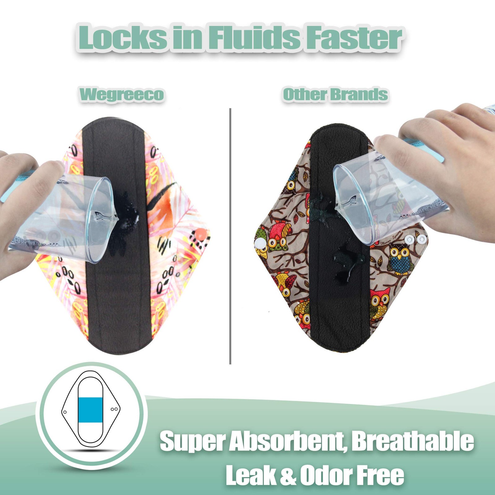 Reusable Menstrual Pads Sanitary Panty Liners Soft Cloth 6 Pack Bag Large Leaf
