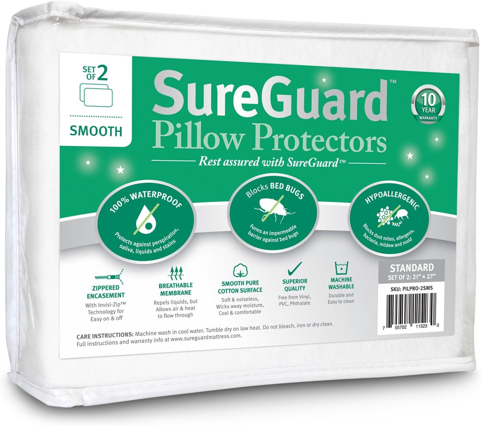 Set of 2 Standard Size Waterproof Pillow Protectors Hypoallergenic Bed Bug Proof