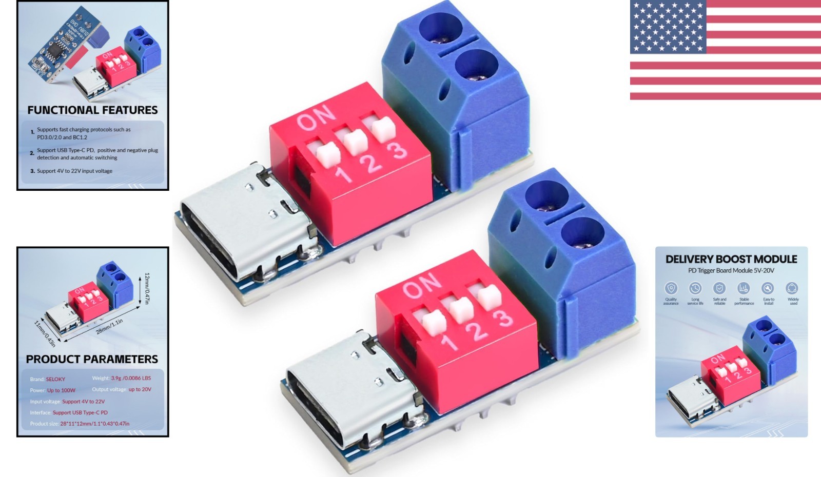 Versatile USB-C PD Trigger Board - Adjustable Voltage Fast Charge Module 2PCS