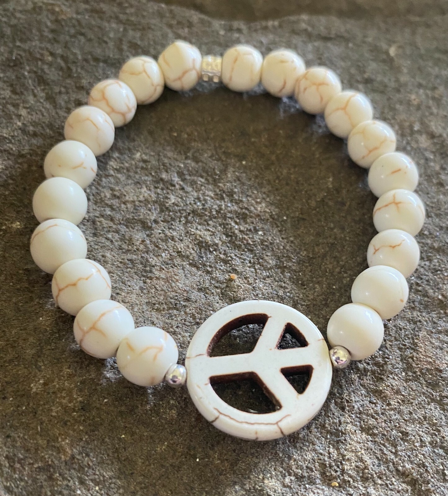 Peace Sign Bracelet White Howlite Turquoise Bead, Sterling Silver Beads, Custom