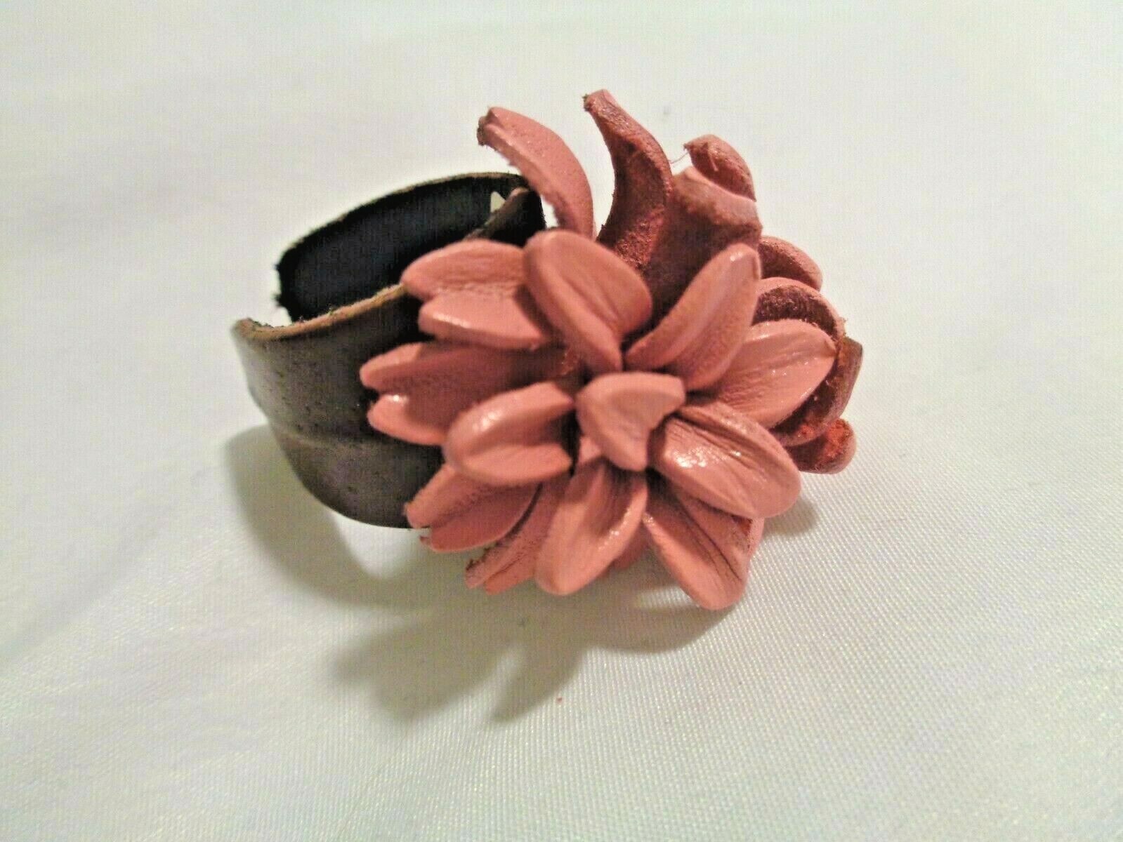 NWT Artsy OS Adjustable LEATHER Pink Flower Ring Unique Art to Wear Fun!