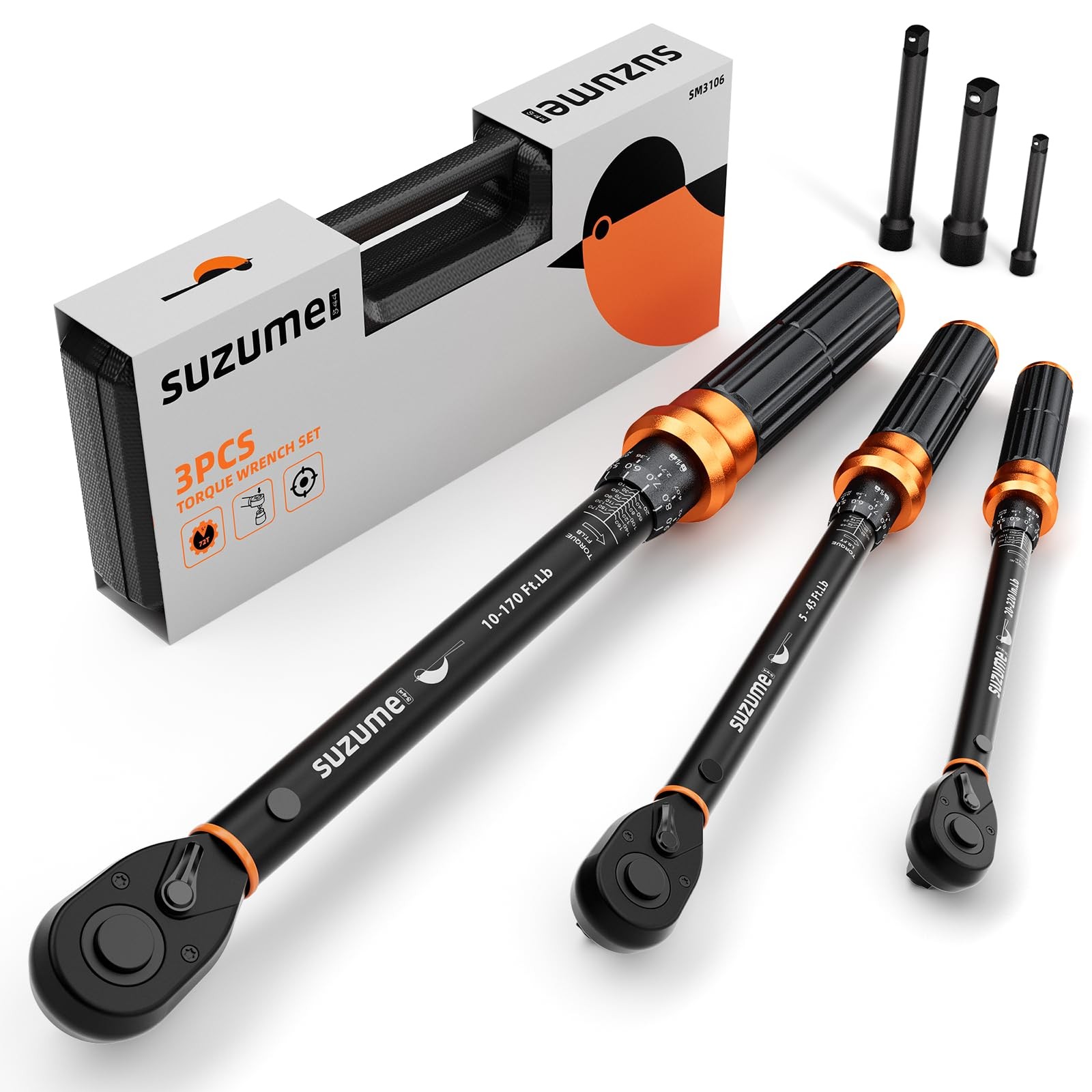 SUZUME 3PCS Torque Wrench Set 72 Teeth Dual-Direction Adjustable Torque Wrenc...