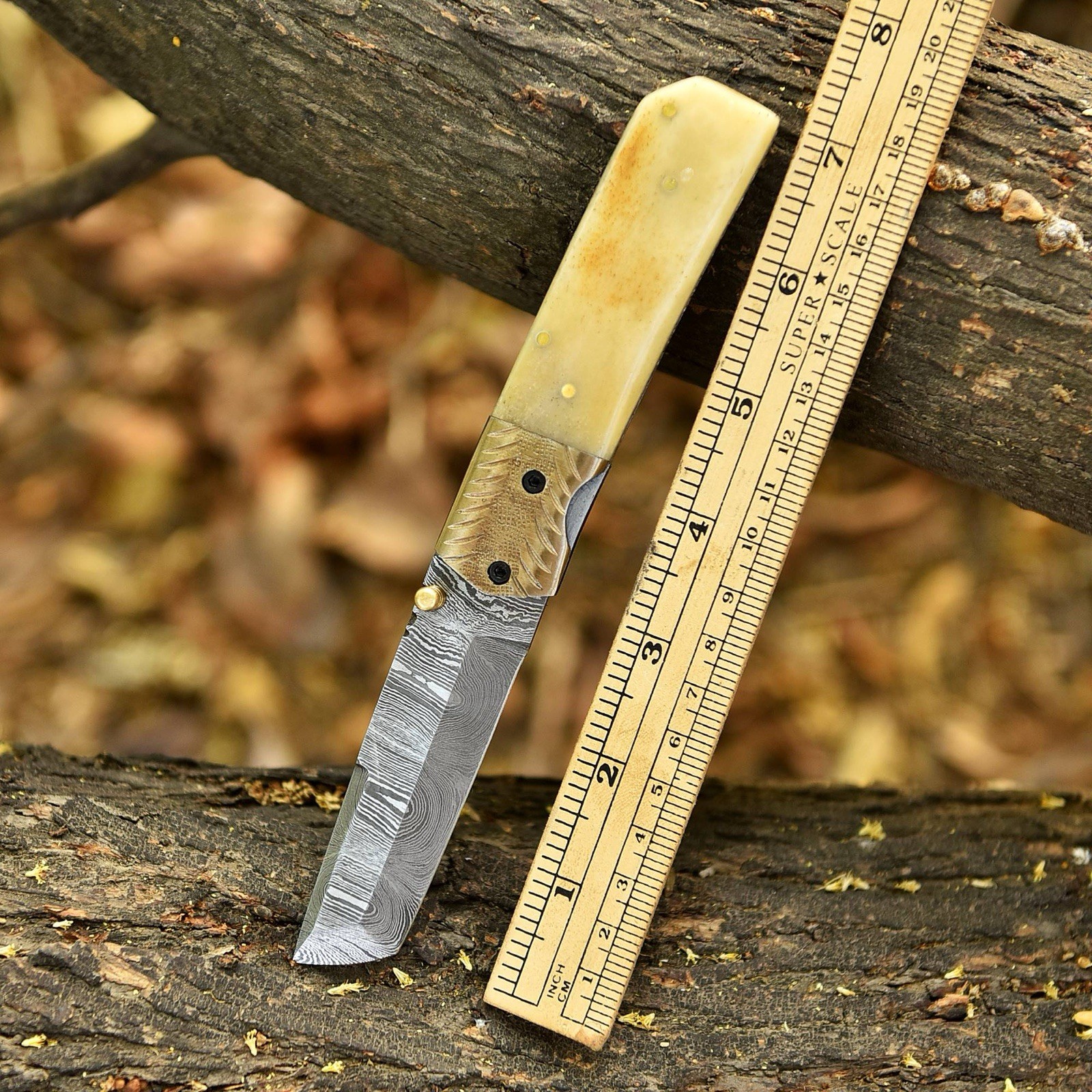 Damascus Folding Tanto Blade Pocket Hunter Knife Case-Camel Bone -Bull Cutter