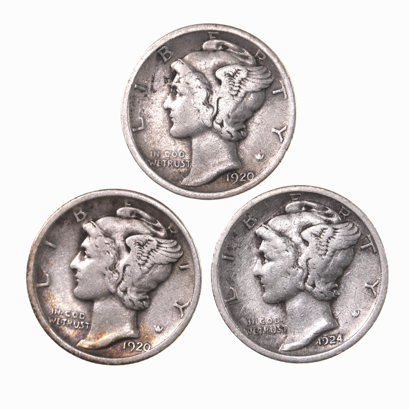 Set of 3 Mercury Dimes Ungraded Coins - 2 1920 + 1924-S