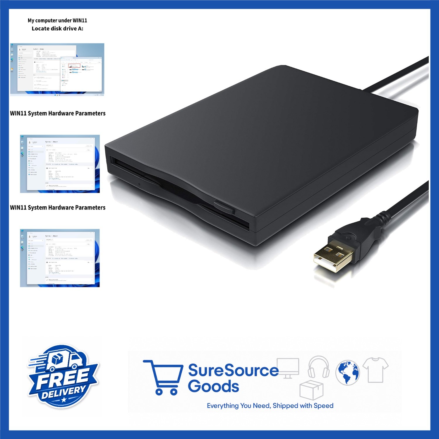 External USB Floppy Disk Drive 1.44 MB Reader for Windows 11/10/8/7/XP Black