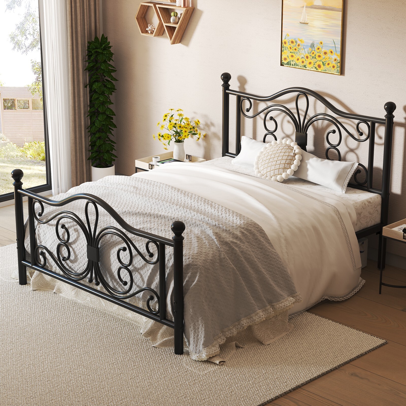 Queen Size Bed Frame with Butterfly Pattern Design Strong Metal Slats Support
