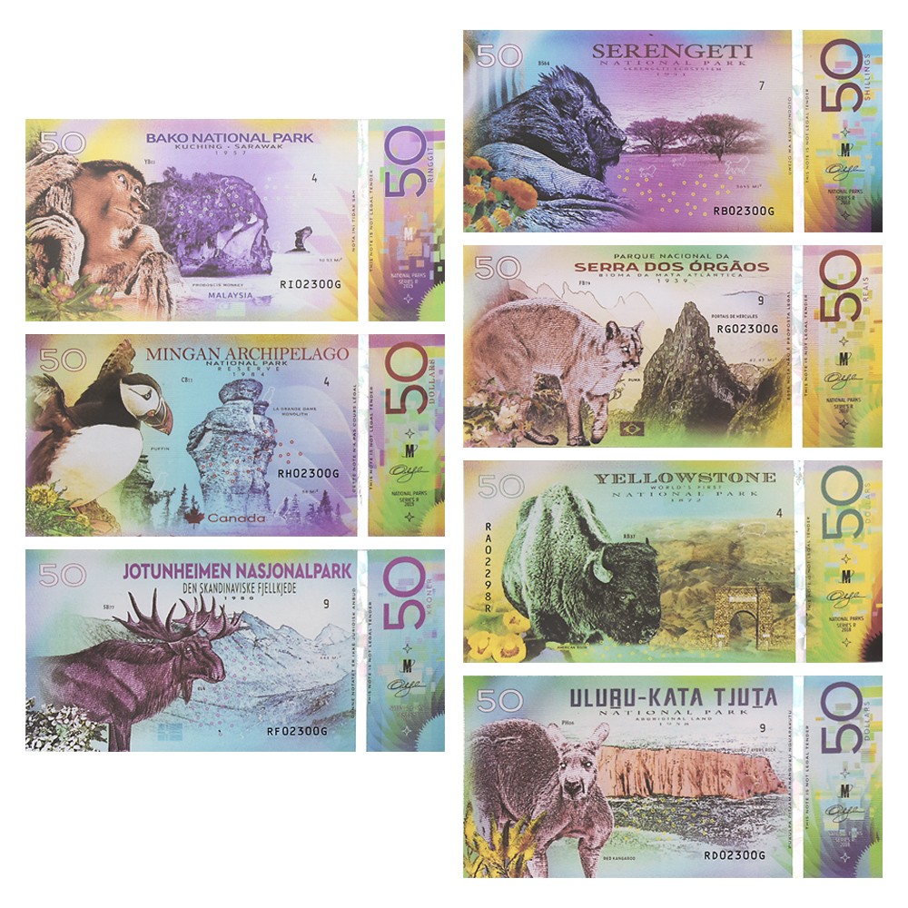 7pcs/set World National Park Banknote - 50 Dollar Souvenir Set, Uncirculated