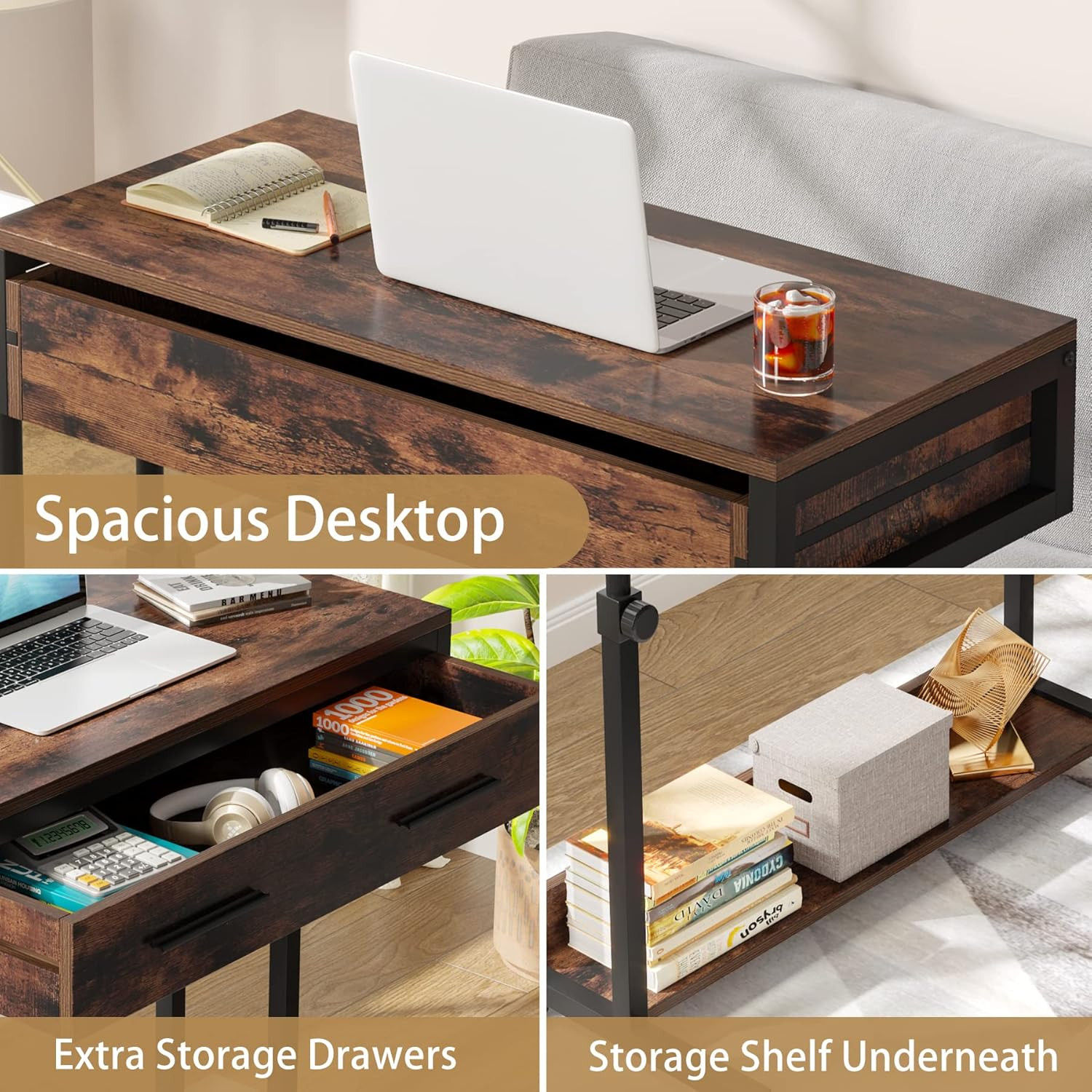 Portable Desk with Drawers, Mobile Laptop Desk with Wheels, Sofa Side Table Smal
