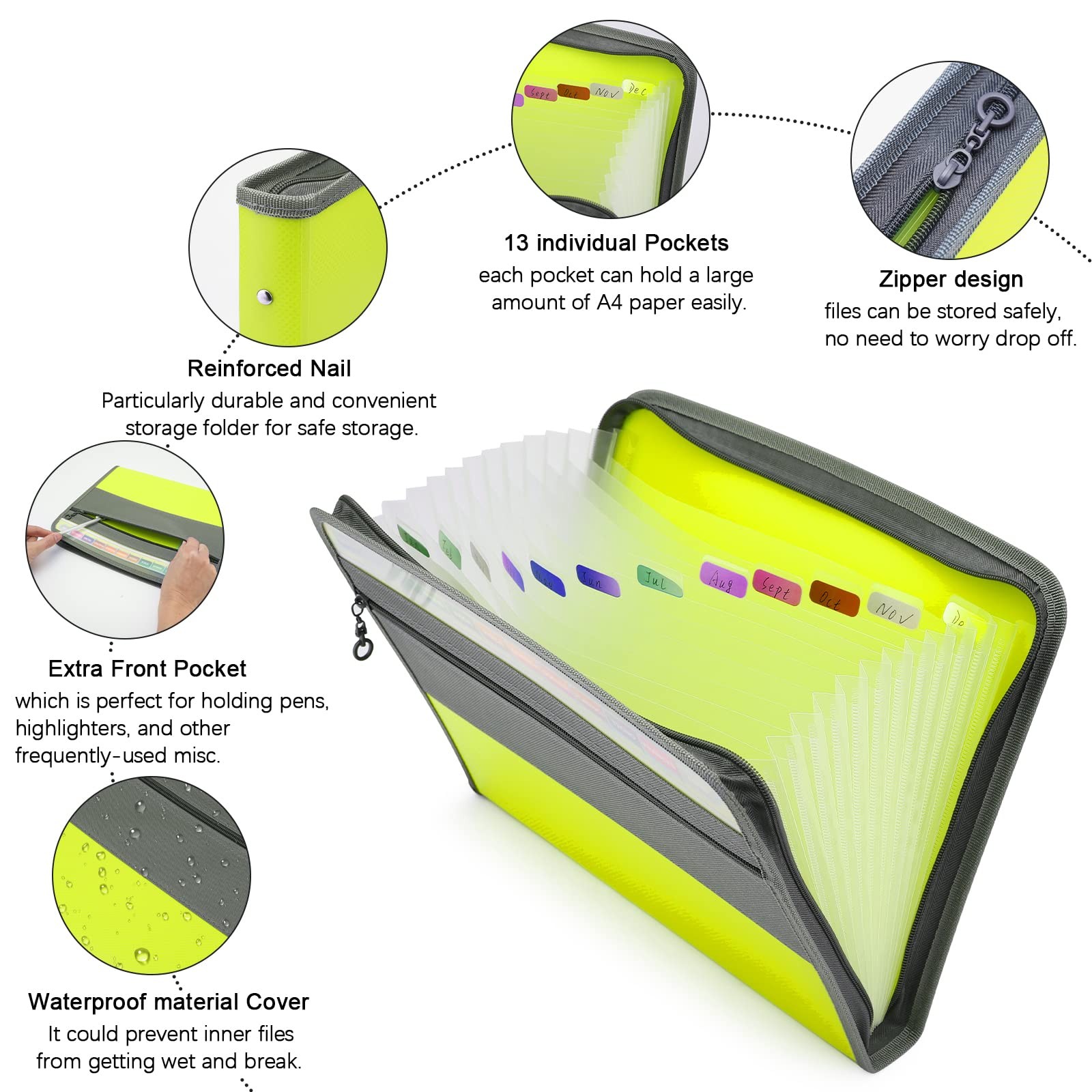 Expanding File Folder, 13 Pockets Document Organizer with Zipper, A4 Letter S...