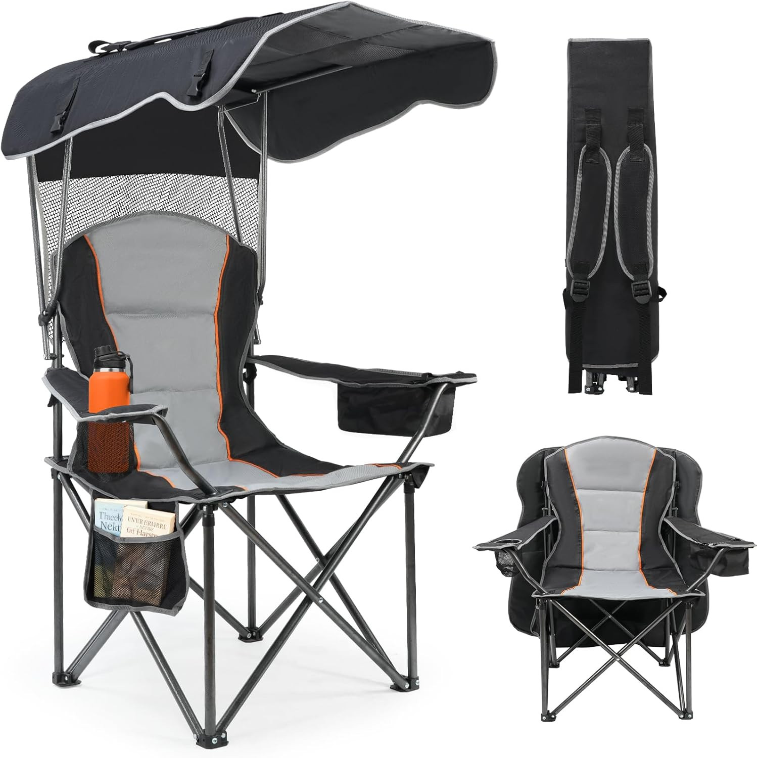 Camping Chair with Canopy Shade, Folding Outdoor Beach Chairs,Black | Adjustable