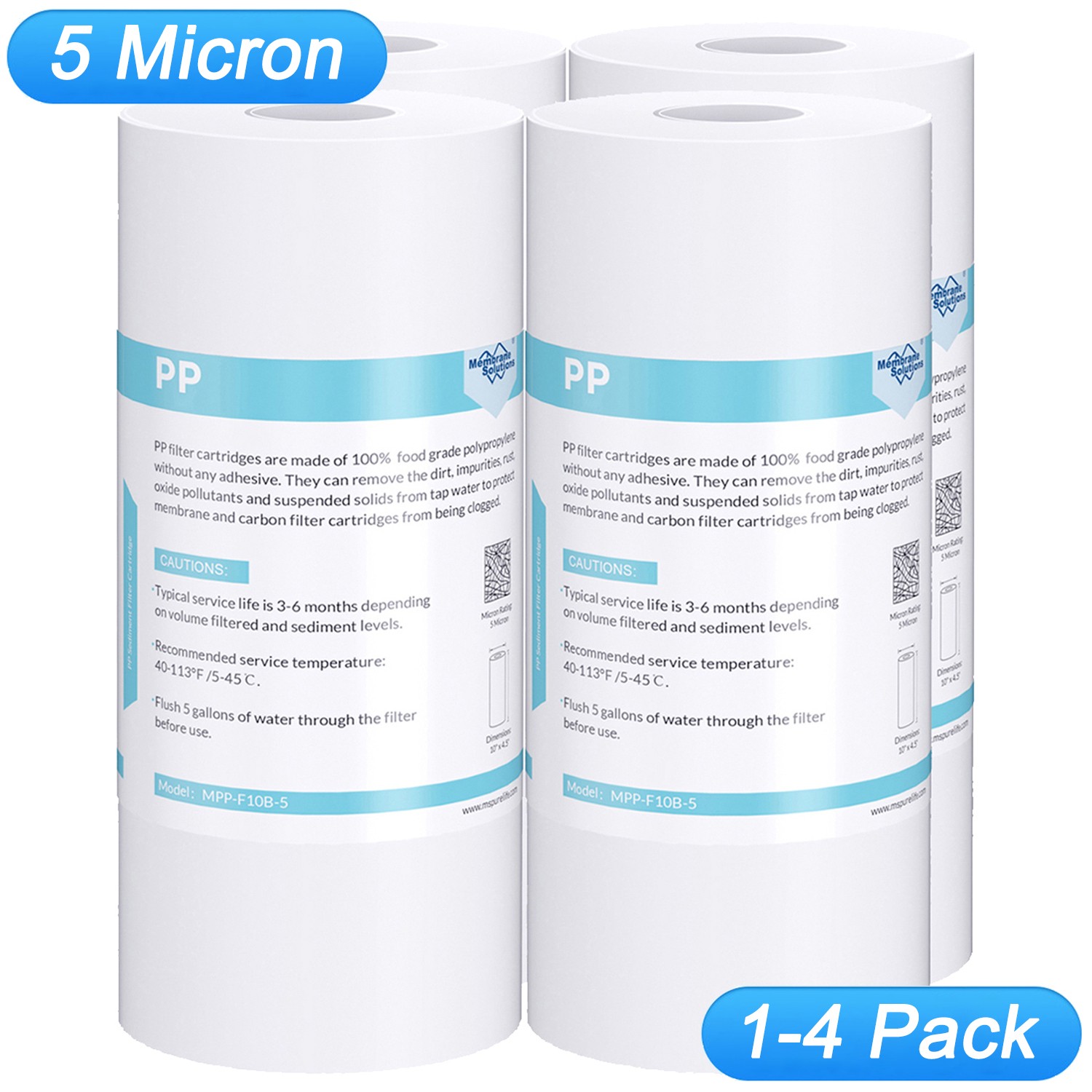 5 Micron 10x4.5" PP Sediment Water Filter Big Blue Replacement Whole House 1-4PK