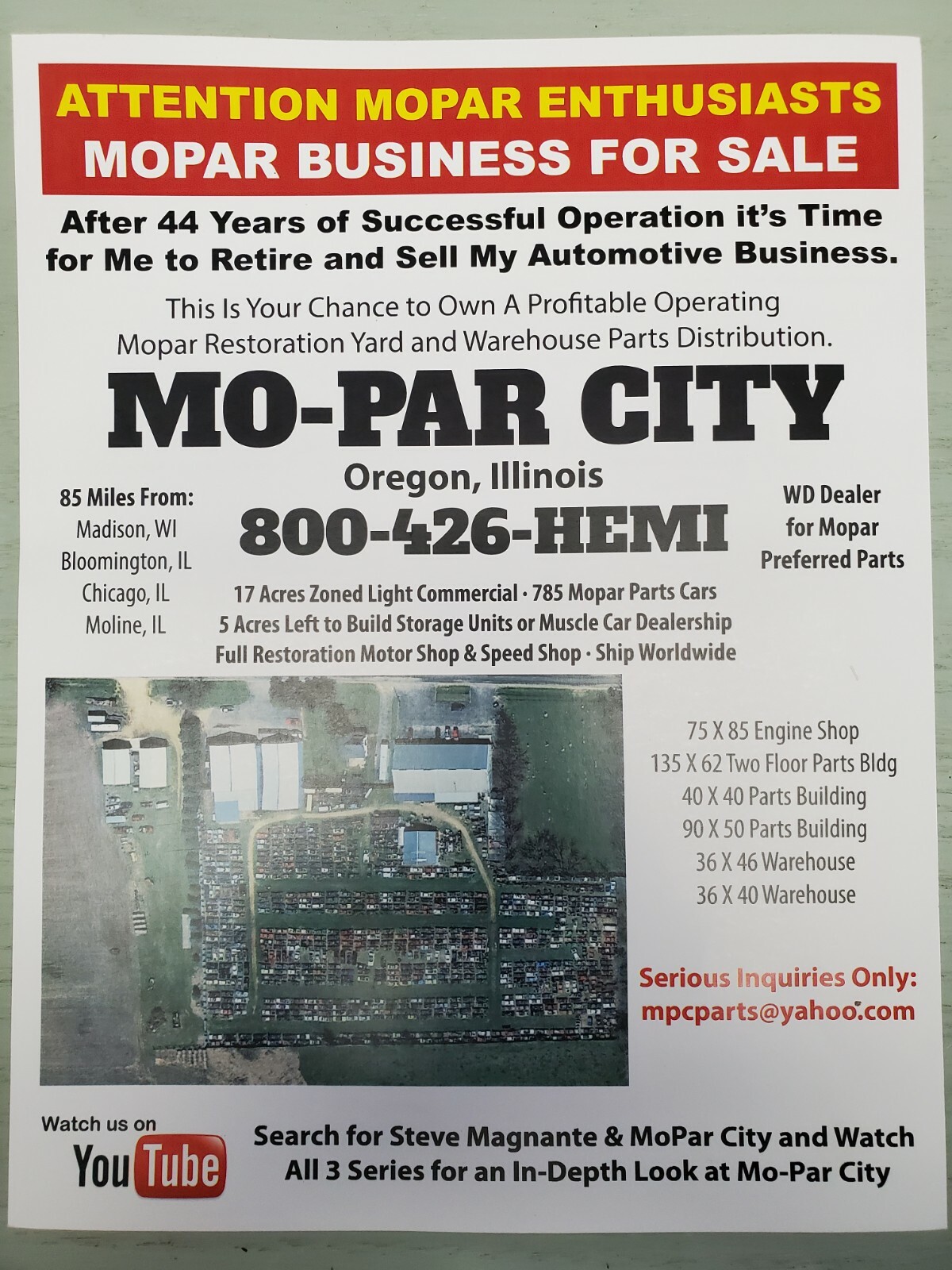 COMPLETE BUISNESS FOR SALE (MOPAR CITY) RESTORATION YARD & SPEED SHOP 49 YEARS!!