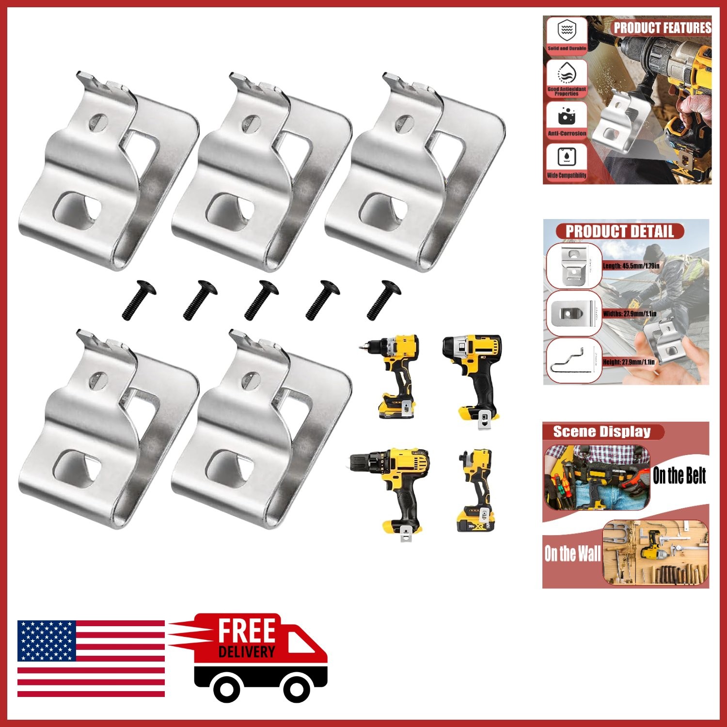 Belt Clips for 20V Power Tools 5 Pack with Screws Stainless Steel Mounting