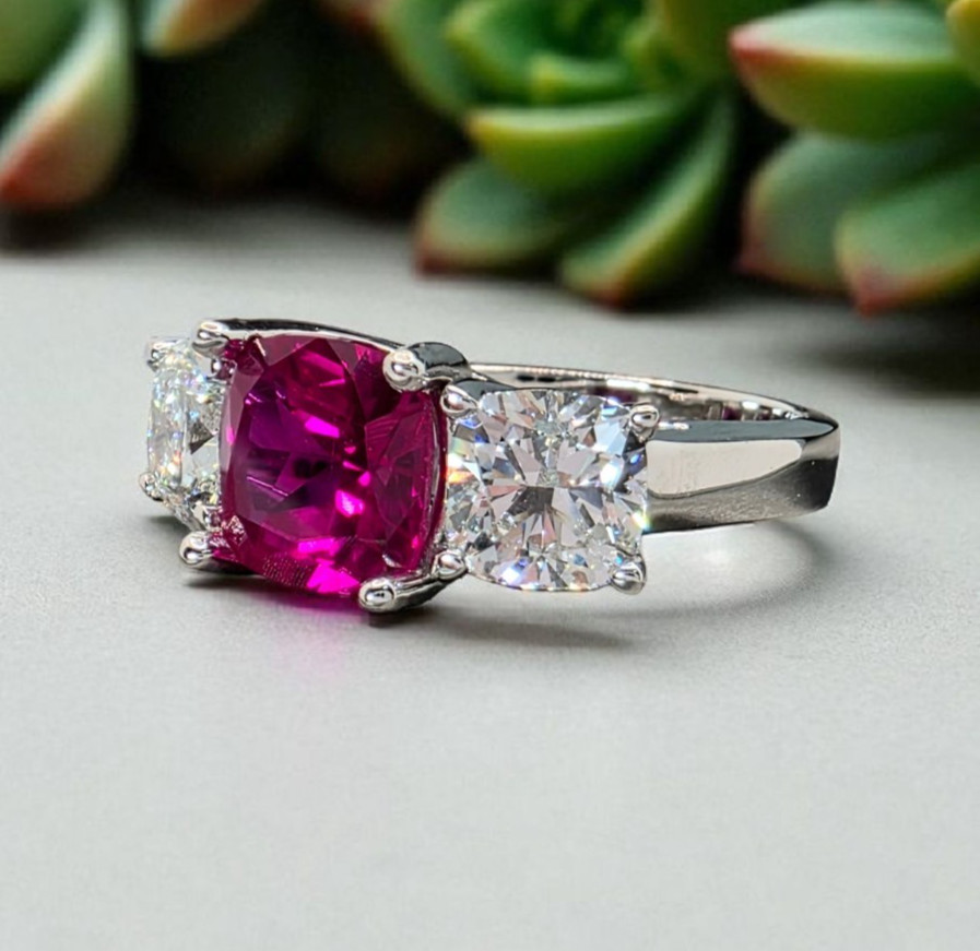4.80 Ct Cushion Lab Grown Ruby and Diamond Ring 14k IGI GIA Authenticated