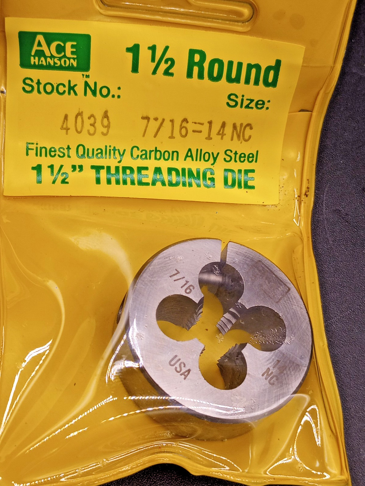 Ace Hanson 4039 Irwin Made In USA 7/16-14 NC 1  1/2" USA Carbon Adj Round Die