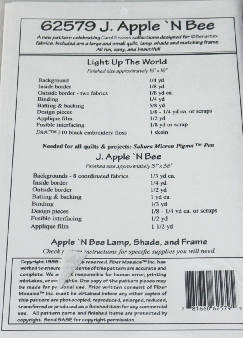 QUILTING / SEWING PATTERN 62579 J. APPLE 'N BEE BY FIBER MOSAICS