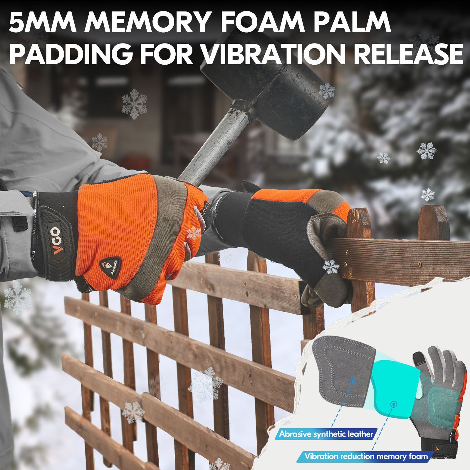 Vgo 1Pair 41℉ Lined Touchscreen Waterproof Winter Work Gloves (SL7584FLWP-ORA)