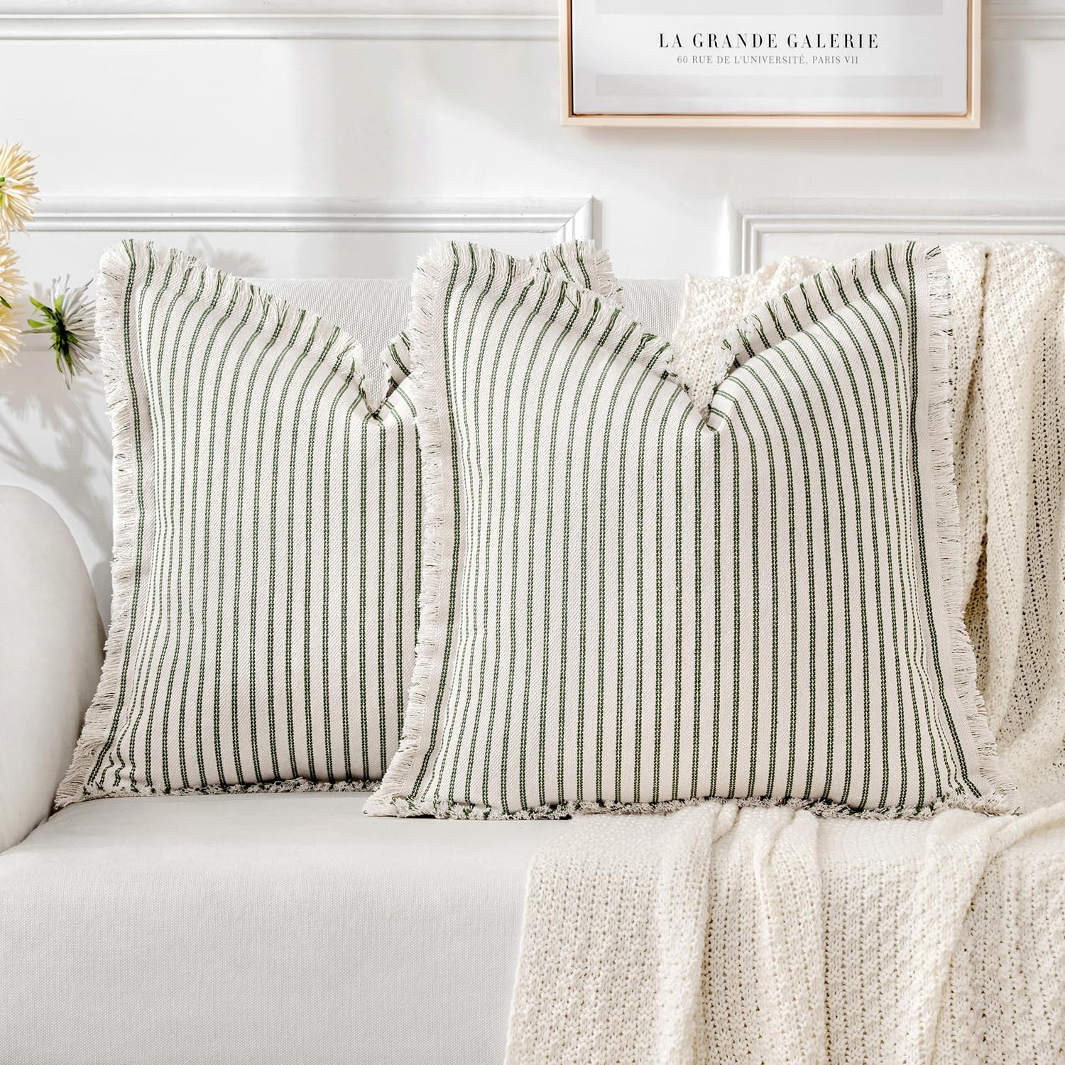 Pack of 2 Olive Green Christmas Pillow Covers 18x18 Inch Striped Farmhouse Co...