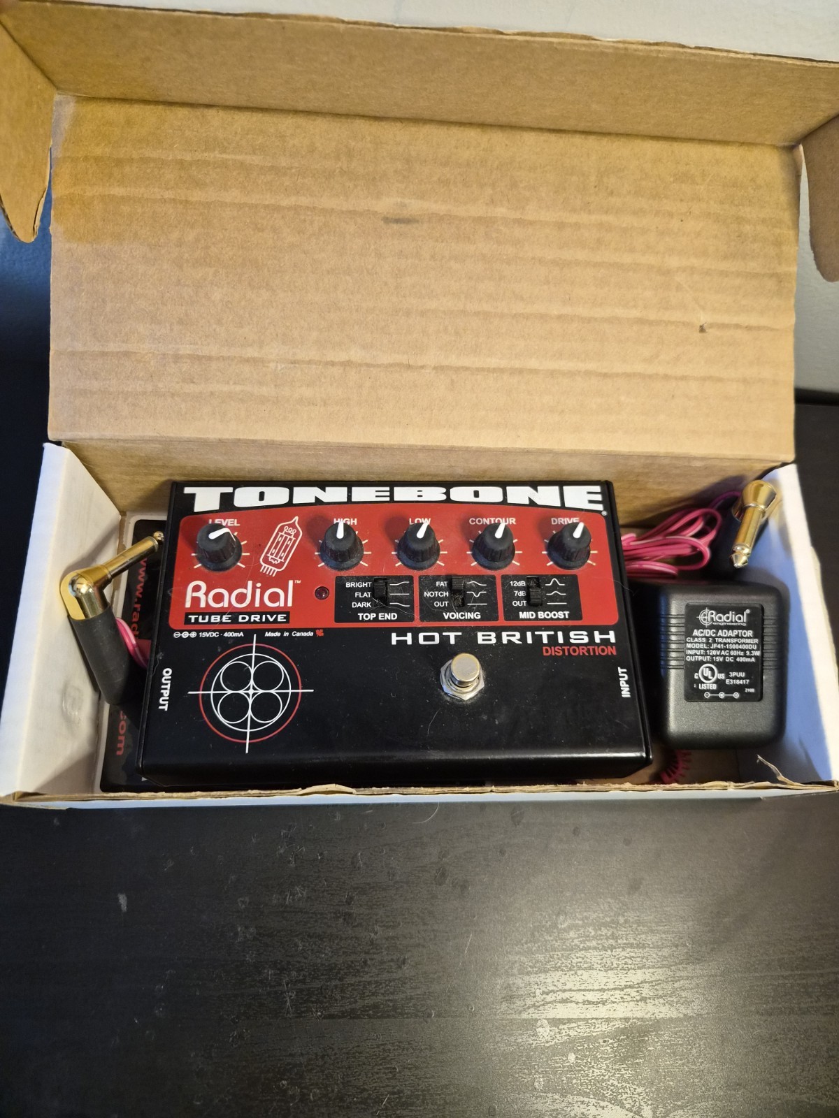 Radial Hot British Distortion Effector With Box And Power Supply And Rhino Cable