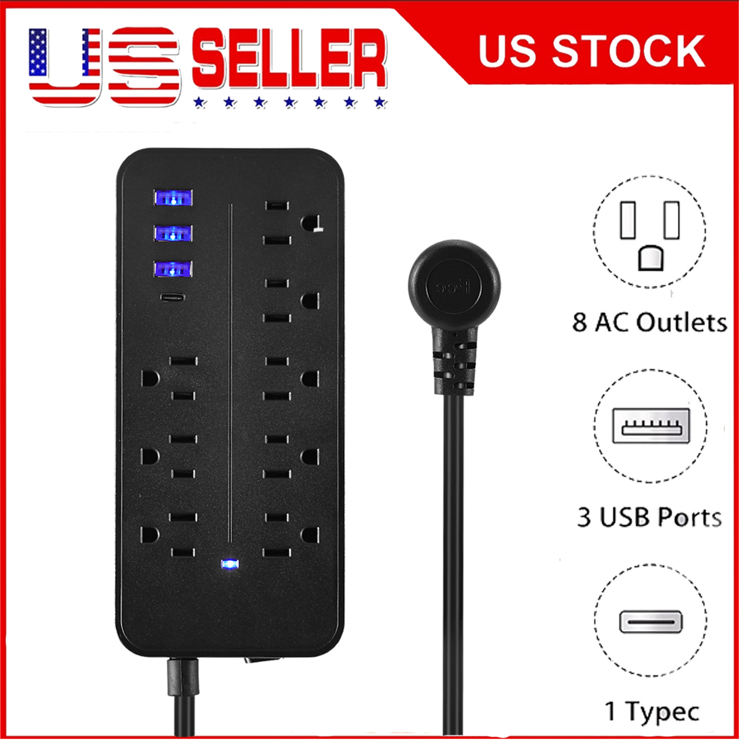 12-IN-1 Surge Protector Power Strip 8 AC Outlets 3 USB & 1 Type-C Charging Ports
