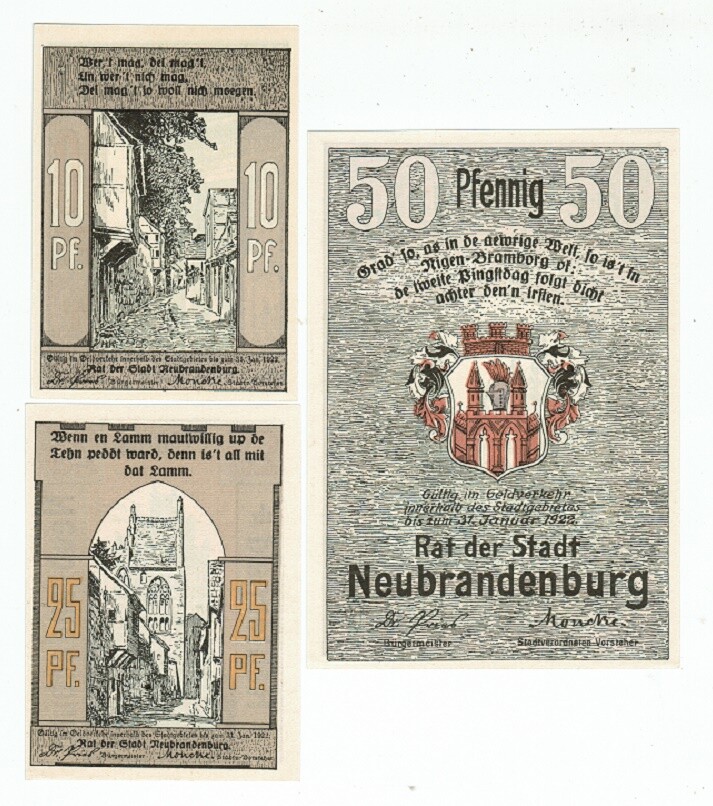 SET OF 3 GERMANY NOTGELD 10.25.50 PFENNIG STADT-NEUBRANDENBURG 1922 UNC