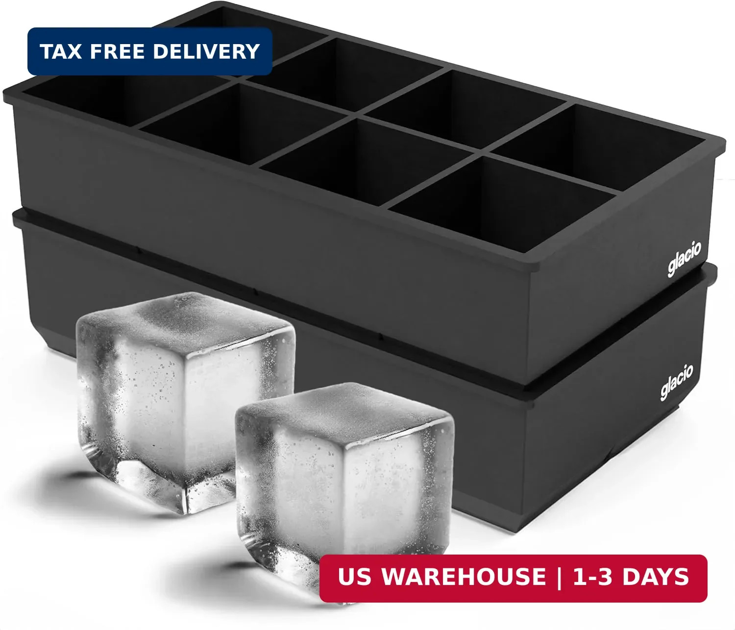 Ice Cube Molds - 2-Pack Silicone Trays for 8 Large Square Cubes - Slow-Melt Ice