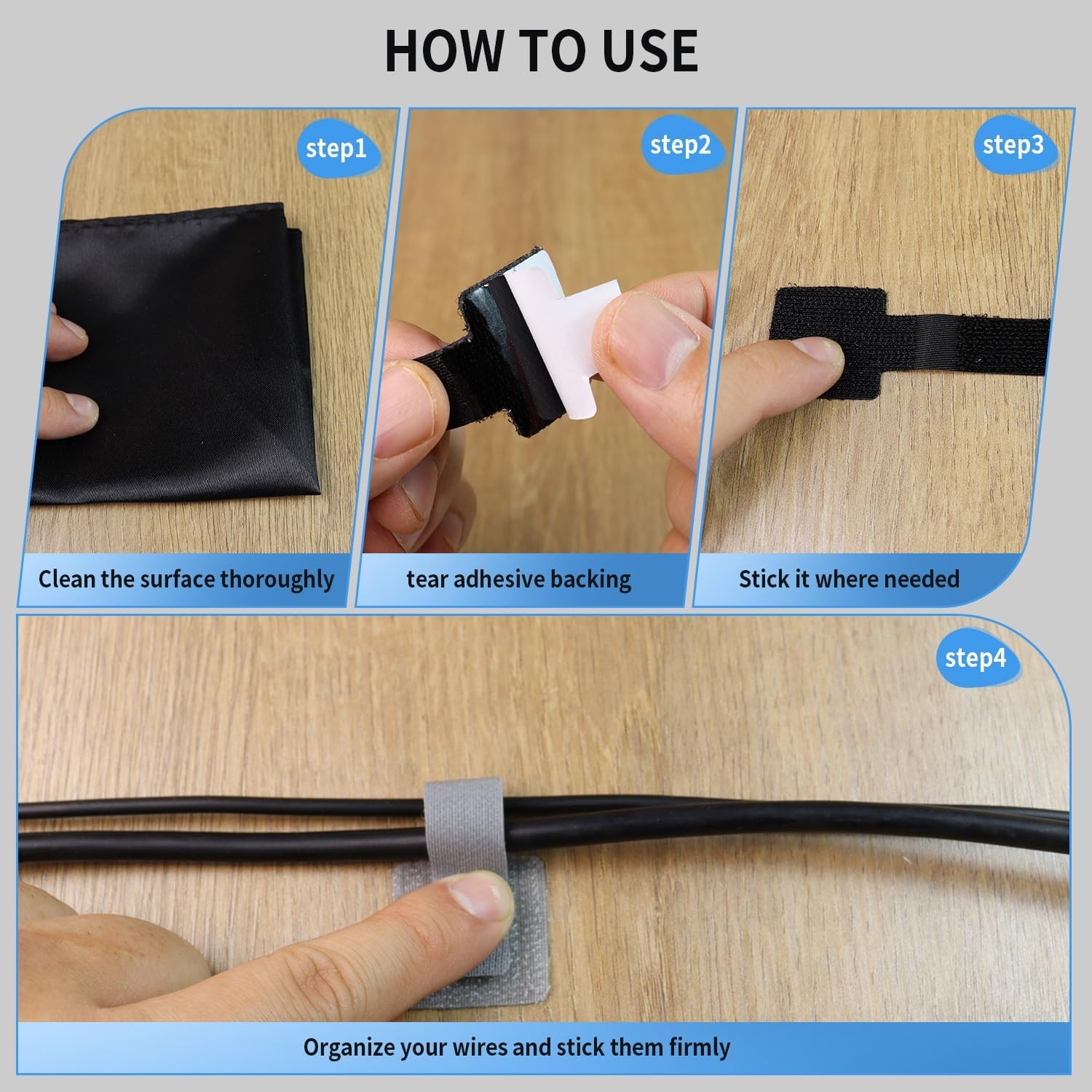 60-Pack Hook & Loop Cable Ties with Adhesive Clips for Home & Office