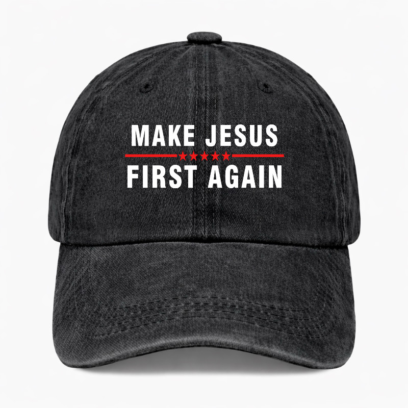 Make Jesus First Again Hat Christian Faith Cap Vintage Washed Adjustable Dad