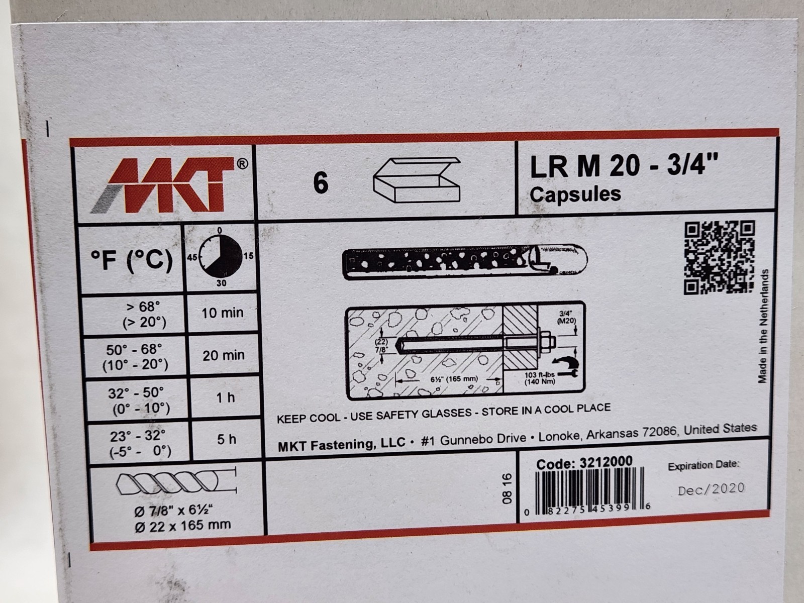 6 pcs - MKT FASTENING Adhesive Anchor Capsule LR M 20-3/4" 21P653 EXP:DEC/2020